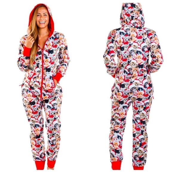 Tipsy Elves Meowy Catmus Unisex Holiday Christmas Jumpsuit One Piece Sz Small - Picture 3 of 7